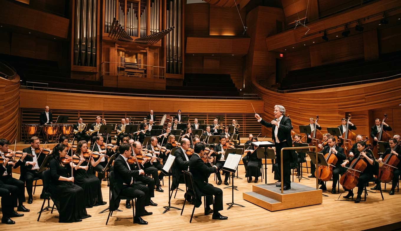 Orchestra performing classical music in a Los Angeles concert hall