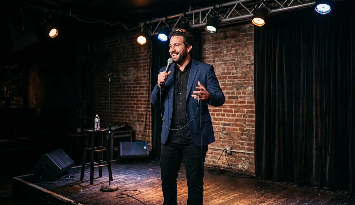 Comedian performing stand-up on stage in Los Angeles