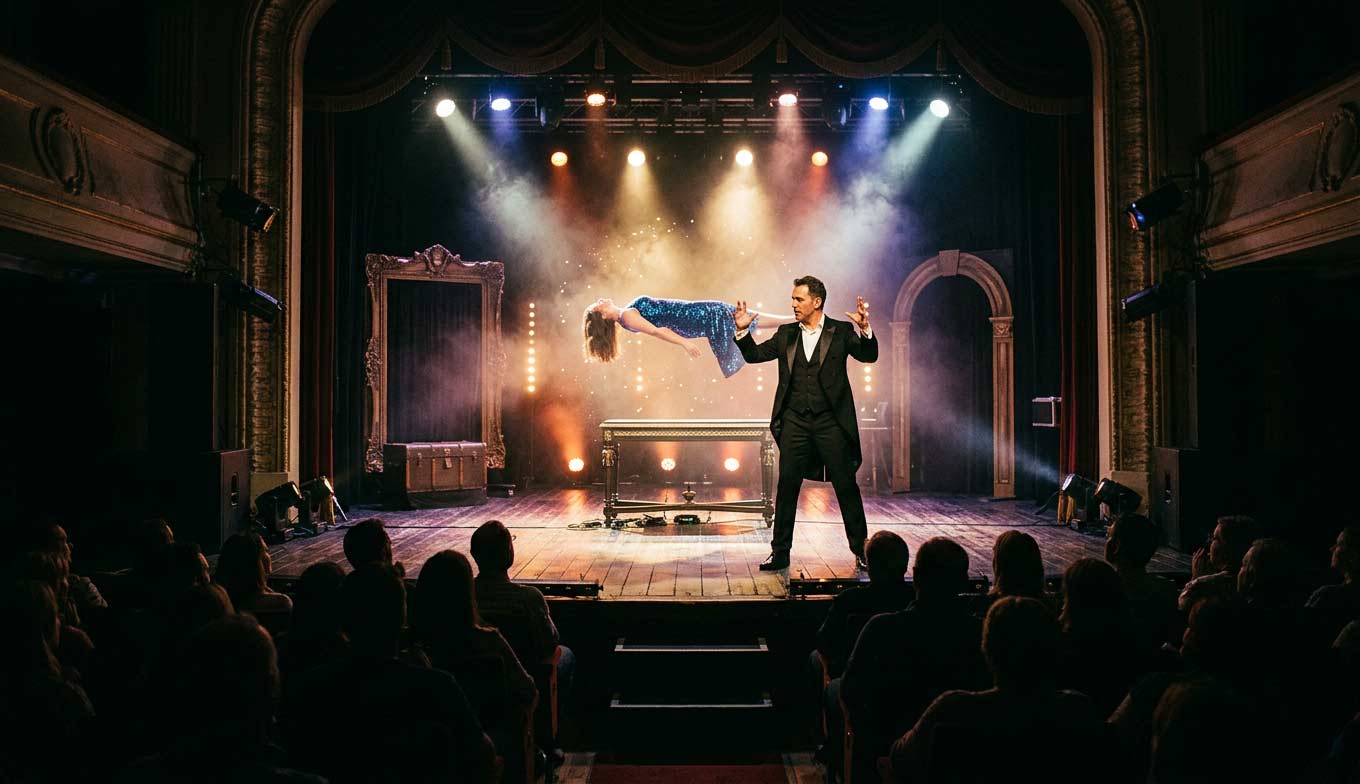 Magician performing illusions on stage in Los Angeles