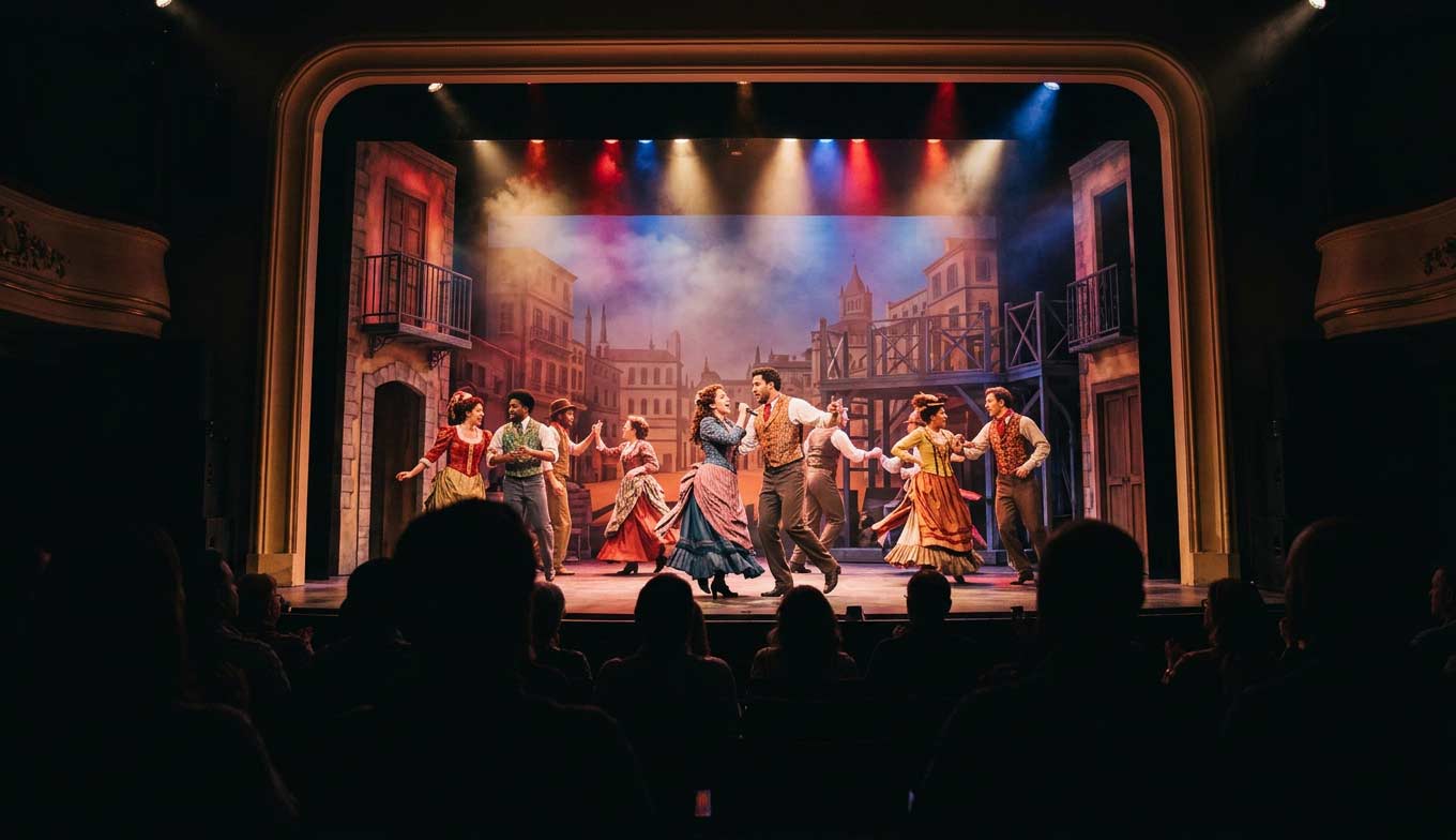 Cast performing a musical on a Los Angeles stage