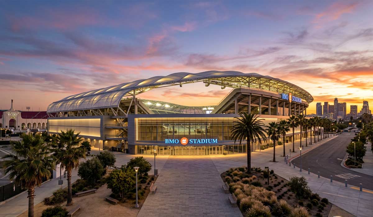 BMO Stadium in Los Angeles hosting soccer matches, concerts, and large outdoor events